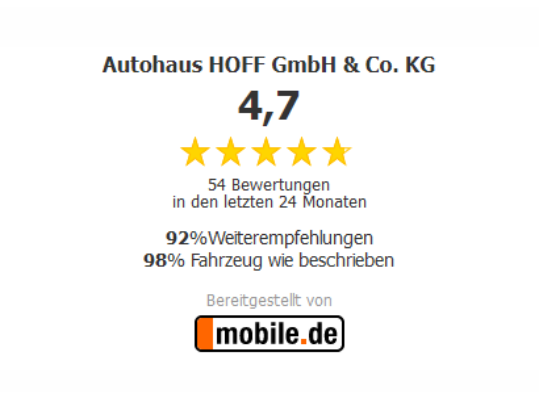 Das Autohaus Hoff wurde in den letzten 24 Monaten von Mobile.de Nutzern Top bewertet.